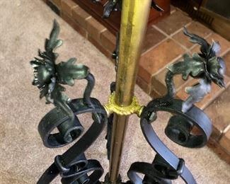 Rare wrought iron piano lamp with hand painted metal shade.  B&H converted oil lamp.  