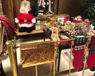 Antique brass bed with Christmas items. 