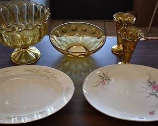 Lot of 6 Home Decor Items | Includes 2 Japanese Golden Rose Fine China Plates (14" Wide) & 4 Amber Crystal Glass Items -LOCAL PICKUP ONLY