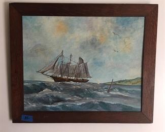 Oil painting of a ship.