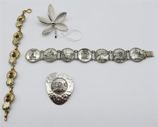 Harry Iskin Art Deco gold filled birthstone bracelet (amethyst), Crown Trifari flower brooch, souvenir vintage travel bracelet and brooch from Sweden