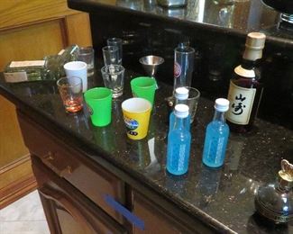 Shot glasses, decanters