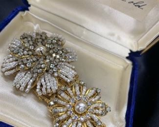 Miriam Haskell "Triple Threat" pin: please note although the label on the box reads Trifari, this is a marked Mirian Haskell pin.