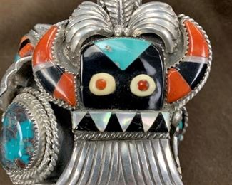 Jan's pick number ONE! Carlos White Eagle signed bracelet. He was an Apache artist who was known for selling to the Hollywood elite. His pieces are rarely found. Korean War veteran. Worked with Fred Peshlkai (uncle, godfather) and moved to Zuni, lived with Don Simplicio. Moved to Palm Springs made jewelry for such stars as Cher and Elvis Presley.