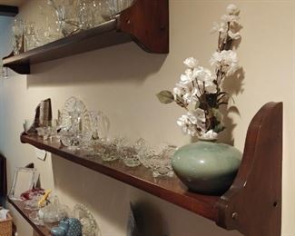 Large collection of glass and the Shelves also for sale.