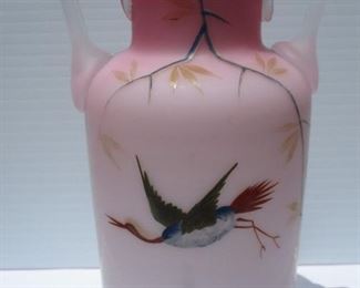 Pink Satin Glass Victorian Vase with Egret
