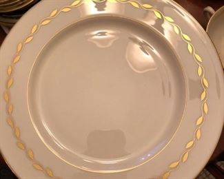 Lenox Golden Wreath china, 16 placesettings include dinner plate, salad plate, small dessert plate, tea cup, saucer, 2-handled soup bowl; will sell as set of 16 or sets of 8; $100 per placesetting