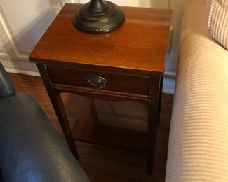 Pair of small end tables with drawer and bottom shelf $50
