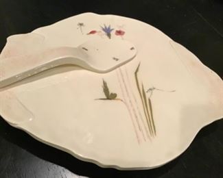 Artist made footed Ceramic serving dish and serving piece. $30