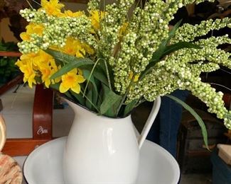 $78- Vintage white enamel picture and bowl