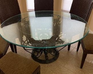 Glass and metal eat in table with 6 chairs $750 
 Table 60 round 30 tall
Chairs 42 tall 21 wide 20 deep