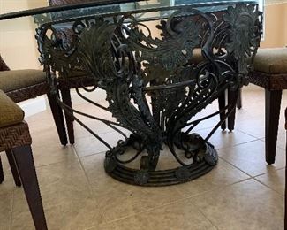 Glass and metal eat in table with 6 chairs $750 
 Table 60 round 30 tall
Chairs 42 tall 21 wide 20 deep