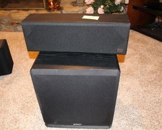 745 - Two speakers $40; Energy subwoofer, Phase Tech PC Center