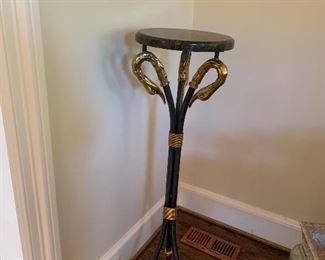 Brass  & Wood Swan Neck Plant Stand with Marble Top
