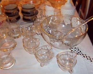 Elegant Glass Punch Bowl Set + Decanter and Matching Glasses
