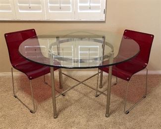 Chrome and Glass Dining Table, Red Molded Chairs