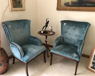 2-Velvet light blue wing back chairs
3 legged table 