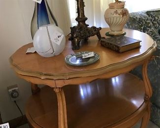 2-Beautiful Kidney shaped maple table
2-Tall lamp made from English brass candlestick 