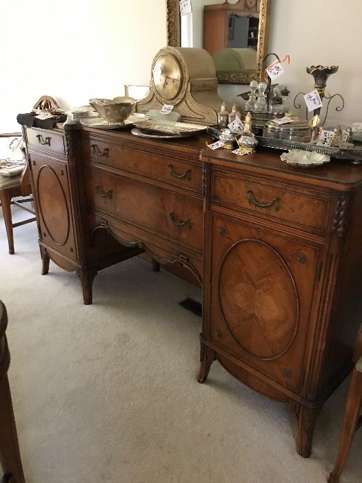 Buffet, mantle clock, silver serving pieces 
