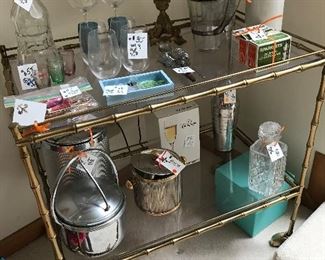 Metal and glass bar cart, mid century 
Ice bucket, decanters, Tiffany glasses 
