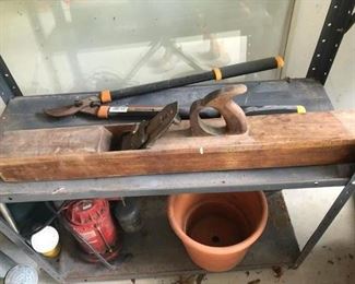 Wooden plane $15; loppers $5x; Terracotta planter $6