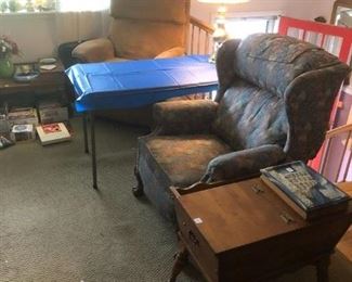 Electric Boost recliner $150; Upholstered chair $85; Ethan Allen Side table with trap door $65