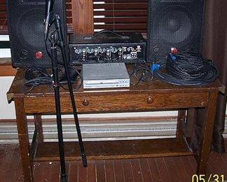 Mission style oak desk, Harbinger M60 portable PA system