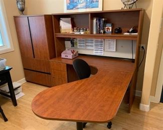 3 Piece Desk:  Workstation extension, Desk & Lighted Hutch & Matching Cabinet w/ Double Doors w/ 2 Shelves & 2 Lateral File Drawers