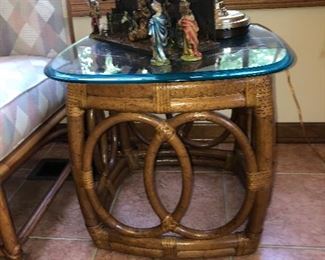 Ficks/ Reed glass topped rattan end table. One of two. 