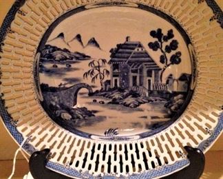 Vintage blue & white reticulated Asian plate