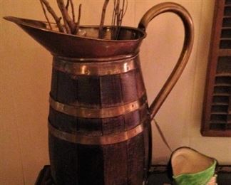 Barrel wood and brass antique pitcher 