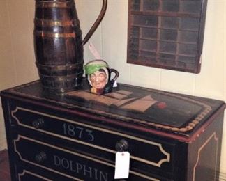 "1873 Dolphin - London" hand painted antique chest--- sailing ship motif