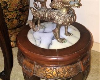 Brass Asian dragon; small marble top side table