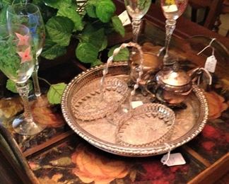 Large rose tray, silver plate selections, and hand-painted stemware