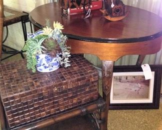 Small bamboo style table; woven basket; antique round table