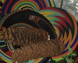 Colorful baskets; extra large pine cones