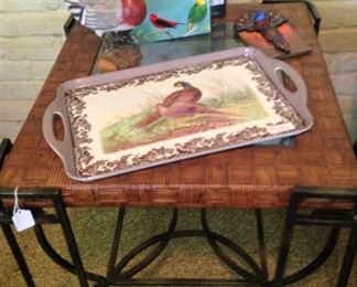 Wild game bird tray; metal and wicker side table