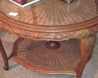 Carved and cane 2- tier coffee table
