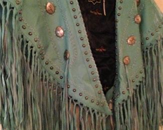 Turquoise colored and fringed  leather shawl adorned with studs  (maker - Red Clay People )