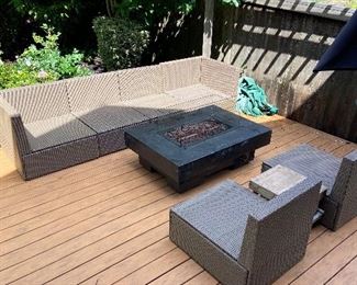 All weather wicker - 6 pieces to configure as you wish. All come with gray cushions as shown in next photo. Each armless piece is 26"w x 26"h x 30"d. The pieces with arms or corners are 30"w x 26"d x 26"h. Asking $600. click here for wicker set only