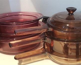 Vision Pyrex Pots and skillet with lids $30.00 For Appointment Please Call (760)662-7662 or Email tanya@crowncityestatesalebytanya.com
