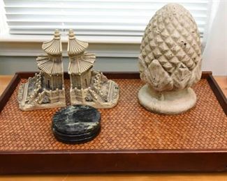 ITEM 24: Deorative Items   $15
Woven grass tray, green marble coasters, resin finial, resin Asian bookends
