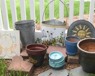 ITEM 45: Lot of Pots, Sundial and Metal Buckets $12