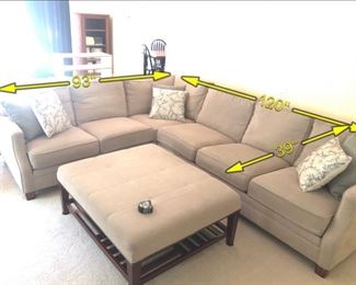 ITEM 69: "L" Shape Sectional   $325
Beige upholstery. Clean, excellent condition. Purchased 4 years ago.
ITEM 70: Upholstered Coffee Table/Ottoman  $145
Upholstered with the same beige fabric as the sectional.