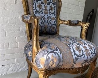 Gilded French Accent Chair...great condition, sturdy, newly upholstered in blue/gold silk fabric. Overall height: 39" X 26" width X 24" depth. Seat Measurements: 18" height X 19.5" width X 19.5" depth.
$375