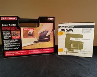 Craftsman corner sander is new in box and a Black and Decker 1/5 HP jig saw. Items have not been tested.