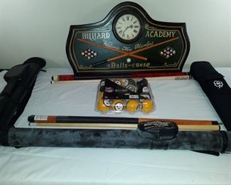 Billiard room battery operated clock. Pittsburg Steelers billiard ball set, new in box and one empty cue case and 2 cues in cases.
