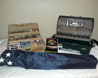 Tackle box with many accessories, new empty tackle box. One Garcia reel and two like new folding chairs with carrying cases.