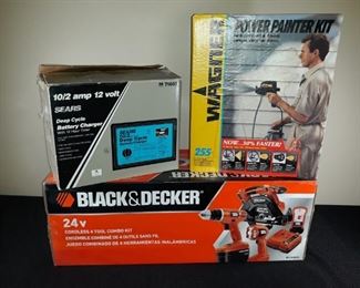 Sears battery charger, new in box. Black and Decker cordless power tools and Wagner power painter.