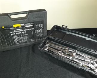 Various sizes of wrenches, all forged in USA. Ratchet screwdriver set appears unused. Wrenches not in original carrier.